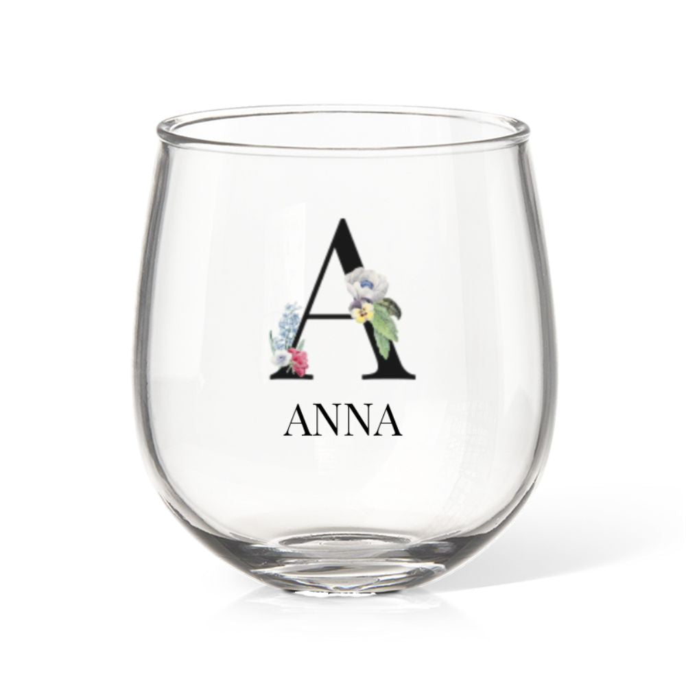 Letter with Flowers Stemless Wine Glass